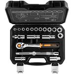 Neo Tools Набір інструментів, Набір торцевих головок, 20шт, 1/2", тріскачка 90 зубців, CrV, кейс, фото , изображение 3 | SNABZHENIE.com.ua
