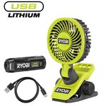 Вентилятор акумуляторний кліпса Ryobi USB Lithium RCF4-120G 4В 2А·год 3800об·хв обертання 325° поворот 180° 2 швидкості 0.29кг, фото  | SNABZHENIE.com.ua