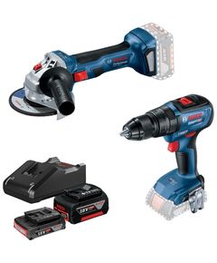 Bosch Набір із двох акумуляторних інструментів 18В шліфмашина кутова GWS180-LI дриль-шурупокрут GSB 18V-50 зарядний пристрій акб 2х4А·год, фото  | SNABZHENIE.com.ua