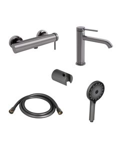 Комплект для душа Qtap Robin Black Chrome: Смесители QTROB4060102K+QTROB1060M102K+Держатель QT829910842854GRP+Шланг QTHADPVC160G+Лейка QTRUCA120R3GRP, фото  | SNABZHENIE.com.ua