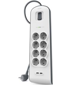 Belkin Подовжувач-фільтр мережевий 8хТип F, 3x1.5мм кв, 16А, 2xUSB-A 2.4A, з захистом від перенапруги, 2м, білий, фото  | SNABZHENIE.com.ua
