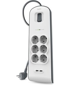 Belkin Подовжувач-фільтр мережевий 6хТип F, 3x1.5мм кв, 16А, 2xUSB-A 2.4A, з захистом від перенапруги, 2м, білий, фото  | SNABZHENIE.com.ua