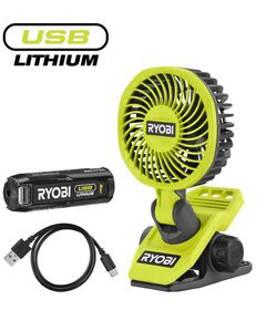 Вентилятор акумуляторний кліпса Ryobi USB Lithium RCF4-120G 4В 2А·год 3800об·хв обертання 325° поворот 180° 2 швидкості 0.29кг, фото  | SNABZHENIE.com.ua