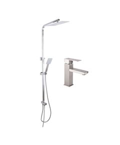 Акционный набор: Lidz Kubis 001F Смеситель для раковины (k35) Nickel + Lidz Kubis 1120 Душевая стойка универсальная на два потребителя Nickel, фото  | SNABZHENIE.com.ua