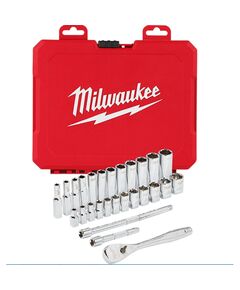 Набір головок торцевих хромованих 1/4'' MILWAUKEE, з тріскачкою та 2 подовжувачами, (28шт), пластико, фото  | SNABZHENIE.com.ua