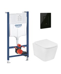 Комплект 4 в 1: Установка Grohe Solido 2 в 1 38971000 + Панель смыва для унитаза Grohe Even Black 38966KV0 + Унитаз подвесной безобедочный Kroner Eifel WHI483429 TORNADO с сиденьем Slim Duroplast / Soft KE483429WHIT(38971966KV0KE48T), фото  | SNABZHENIE.com.ua
