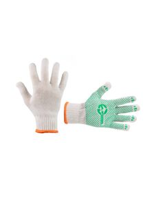 Рукавичка трикотажна з платіровкою, зелені ПВХ крапки, 60% бавовна / 40% поліестер, 10", клас в’язки 7, біла, 90 г, фото  | SNABZHENIE.com.ua