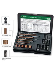 Набор экстракторов, сверл и направляющих для извлечения сломанных резьбовых винтов 25ед. TOPTUL JGEW2501, фото  | SNABZHENIE.com.ua
