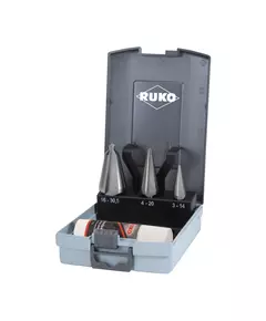 Набор конусных свёрл, размеры №1, 2, 3 HSSE Co 5 и 1 смазочная паста 30 гр в пластиковом кейсе RUKO (101020EROR), фото  | SNABZHENIE.com.ua