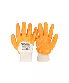 Перчатки хлопчатобумажный трикотаж MASTERTOOL неполное нитриловое покрытие вязаный манжет 10" 55-57 г желтые, фото  | SNABZHENIE.com.ua
