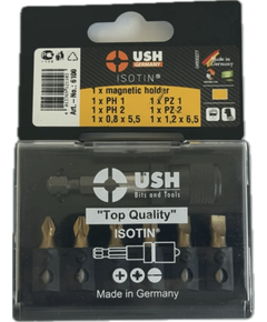 Набір насадок викруткових Isotin USH: 1/4, PH1, PH2, PZ1, PZ2, SL5.5, SL6.5 магнітний тримач, 7 ел., фото  | SNABZHENIE.com.ua