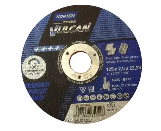 Диск відрізний по металу та нержавіючій сталі NORTON VULCAN 125х22.2 мм t=2.5 мм (70V111), фото  | SNABZHENIE.com.ua