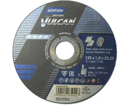 Диск відрізний по металу та нержавіючій сталі NORTON VULCAN 125х22.2 мм t=3 мм (70V112), фото  | SNABZHENIE.com.ua