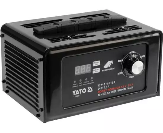 Пуско-зарядное устройство YATO аккумулятор 12/24 В, 10-300 Ач, 230 В, 2/8 /15 А (12В), 7,5 А (24В), фото  | SNABZHENIE.com.ua