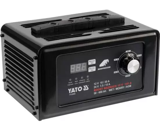 Пуско-зарядное устройство YATO аккумулятор 12/24В, 50-600 А/ч, 230 В, 10/30 А (12В), 7,5/15 А (24В), фото  | SNABZHENIE.com.ua