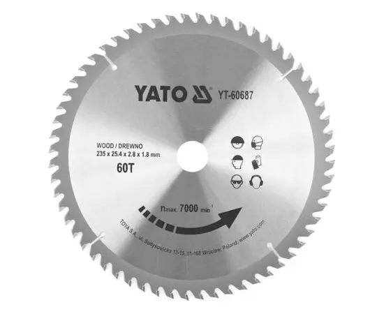Диск пильный победитовый по дереву 235 x 25.4 x 2.8 x 1.8 мм, 60 зубьев YATO (YT-60687), фото  | SNABZHENIE.com.ua