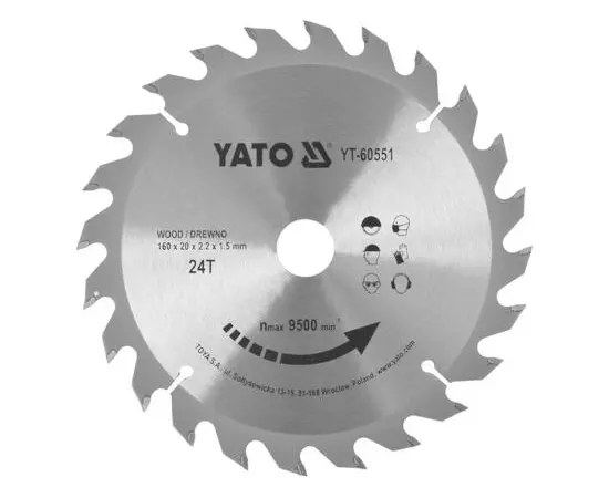 Диск пильный победитовый по дереву 160 x 20 x 2.2 x 1.5 мм, 24 зуба YATO (YT-60551), фото  | SNABZHENIE.com.ua