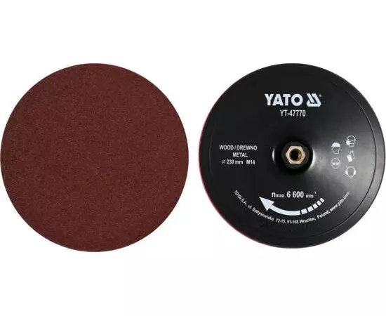 Круг шлифовальный на липучке 230 мм, гайка М14, + 4 круга по дереву и 4 круга по металлу YATO (YT-47770), фото  | SNABZHENIE.com.ua