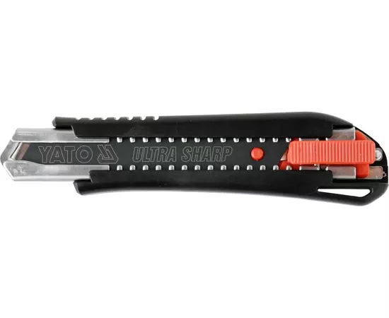 Нож YATO с выдвижным лезвием, отламывающиеся сегмент 18 мм; металлическая направляющая, пластиковый корпус (YT-75123), фото  | SNABZHENIE.com.ua