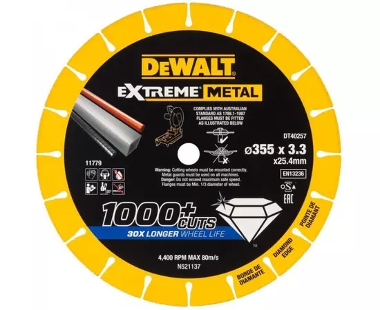 Диск діамантовий по металу DeWALT, d = 355 мм, товщина 3.3 мм, діаметр посадкового отвору 25.4 мм (DT40257), фото  | SNABZHENIE.com.ua