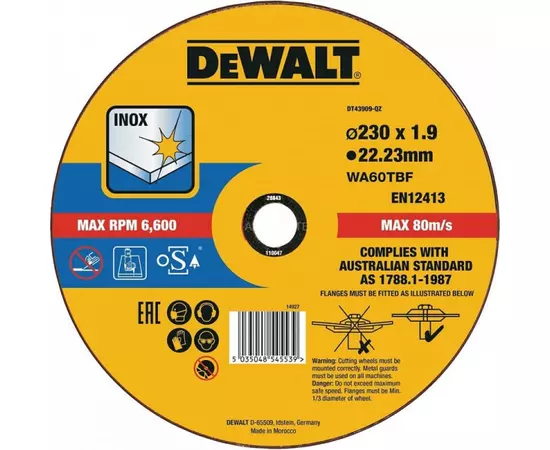 Круг отрезной DeWALT INOX, нержавеющая сталь / листовой металл, 230 x 1.9 x 22.23 мм (DT43909), фото  | SNABZHENIE.com.ua