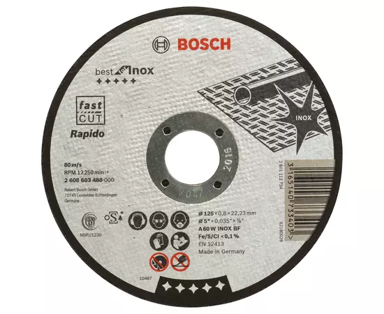 Круг отрезной 125 x 0,8 x 22,23 мм по нержавеющей стали, прямой, Best for Inox, Rapido BOSCH (2608603488), фото  | SNABZHENIE.com.ua