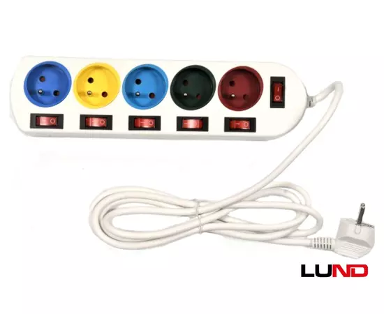Подовжувач мережевий LUND : L= 2 м, 5 гнізд з 5 вимикачами, 3-жильний Ø=1 мм², з заземленням, фото  | SNABZHENIE.com.ua