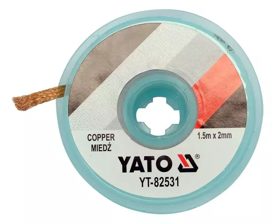 Стрічка плетена з міді для очищення від припою YATO, l= 1,5 м, W= 2 мм в котушці в корпусі, фото  | SNABZHENIE.com.ua