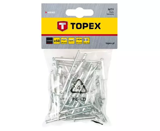 Заклепки алюминиевые 4,0 мм x 18 мм, 50 шт. TOPEX (43E405), фото  | SNABZHENIE.com.ua
