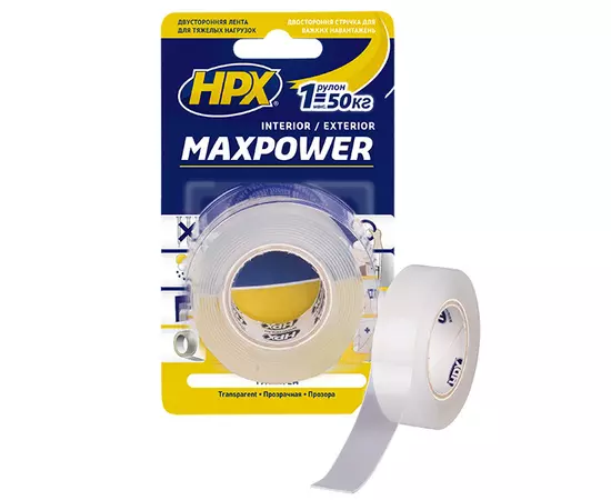MAXPOWER - 19мм x 2м - прозрачная двусторонняя лента  HPX (скотч) для тяжелых нагрузок, фото  | SNABZHENIE.com.ua