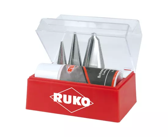 Набор конусных свёрл, размеры №1, 2, 3 HSS и 1 спрей 50 мл в пластиковой коробке RUKO (101009R), фото  | SNABZHENIE.com.ua