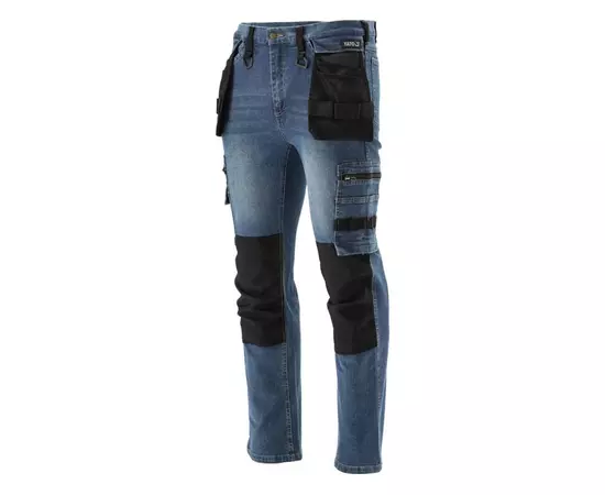 Штани робочі джинс стрейч YATO розмір XXL- 106-117 см, ріст- 196-204 см, темн-сині, 17 кише, 71% ба, фото  | SNABZHENIE.com.ua