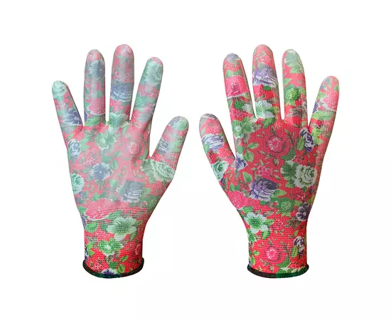 Садові рукавички з поліуретановим покриттям, з малюнком троянди, розмір 7", фото  | SNABZHENIE.com.ua