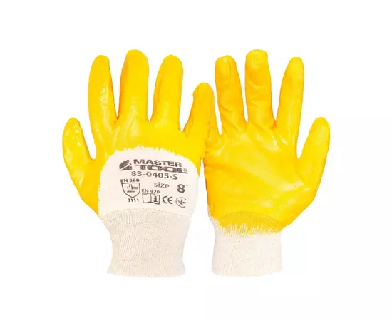 Перчатки хлопчатобумажный трикотаж MASTERTOOL неполное нитриловое покрытие вязаный манжет 8" 48-50 г желтые, фото  | SNABZHENIE.com.ua