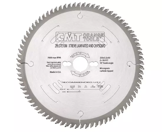 Пила дисковая 250 x 30 мм, Z 78 для ламинированных плит, без подрезной пилы CMT (295.078.10M), фото  | SNABZHENIE.com.ua