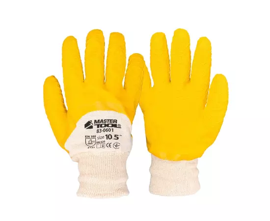 Перчатки хлопчатобумажные MASTERTOOL латексное ребристое покрытие ¾ 10.5" 12 пар желтые 83-0601doz, фото  | SNABZHENIE.com.ua