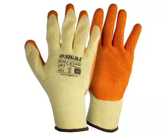 Перчатки трикотажные с частичным латексным покрытием кринкл р10 (оранж манжет) SIGMA (9445461), фото  | SNABZHENIE.com.ua