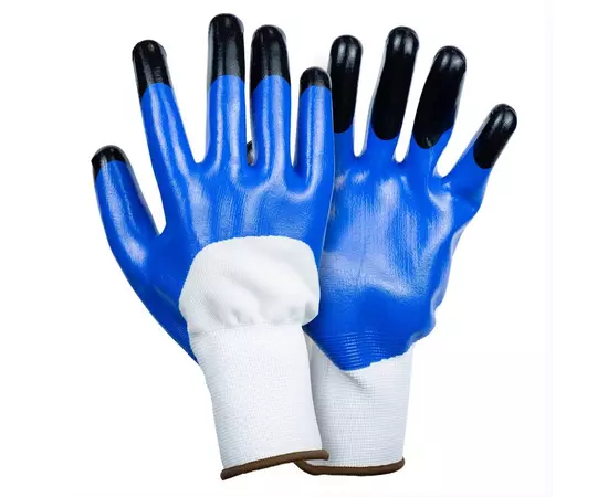 Перчатки трикотажные с частичным нитриловым покрытием усиленные пальцы р9 (сине-черные манжет) SIGMA (9443631), фото  | SNABZHENIE.com.ua