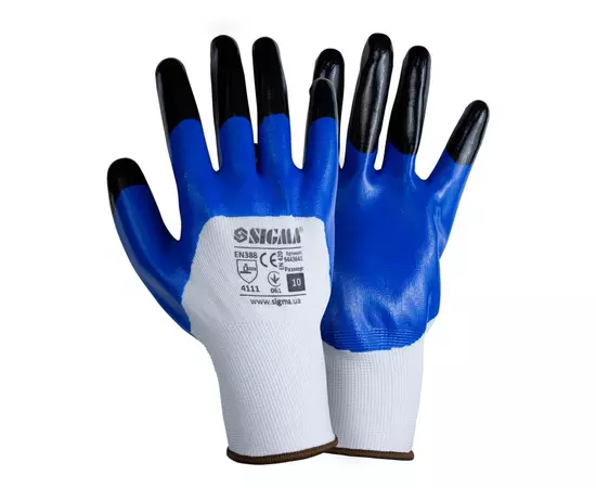 Перчатки трикотажные с частичным нитриловым покрытием усиленные пальцы р10 (сине-черные манжет) SIGMA (9443641), фото  | SNABZHENIE.com.ua