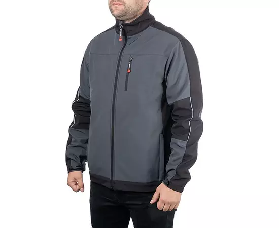 Куртка SOFTSHELL темносеро-черная, трехслойная, ткань стрейч SOFTSHEL 300 GSM 100D с водо и ветро защитой, 96 % полиэстр и 4 % эластан, размер L INTERTOOL SP-3133, фото  | SNABZHENIE.com.ua