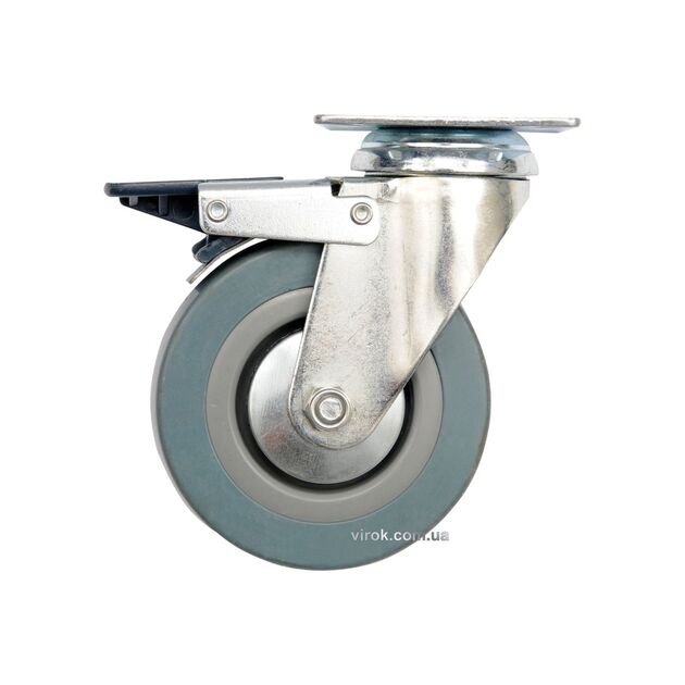 Колесо до візка Ø=75мм, b=21мм VOREL, сіра гума з оберт. опорою і гальмом; h=104мм, навант- 30кг[50], фото  | SNABZHENIE.com.ua