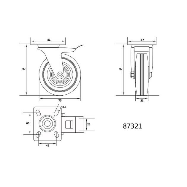 Колесо для тележки 75 мм с тормозом, нагрузка 40 кг (VO-87321), фото , изображение 2 | SNABZHENIE.com.ua