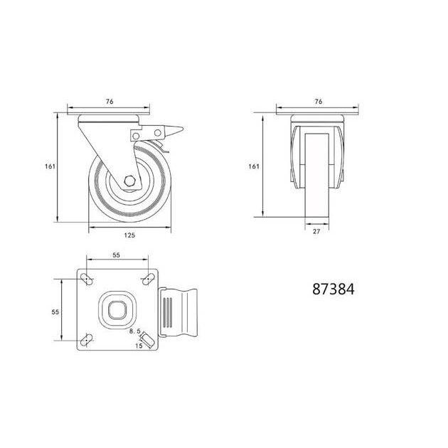 Колесо VOREL для тележки 125 мм, с тормозом, нагрузка 50 кг, фото , изображение 2 | SNABZHENIE.com.ua