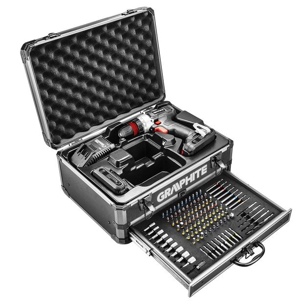 Набір Energy+ в алюмінієвій валізі: дриль-шрубоверт 2x18 В/2,0 Агод., 10 мм + 109 приналежностей GRAPHITE, фото , зображення 5 | SNABZHENIE.com.ua Набір Energy+ в алюмінієвій валізі: дриль-шрубоверт 2x18 В/2,0 Агод., 10 мм + 109 приналежностей GRAPHITE, фото , зображення 5 | SNABZHENIE.com.ua