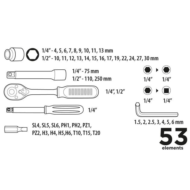Головки змінні 1/4", 1/2" 53 шт. Top Tools, фото , зображення 2 | SNABZHENIE.com.ua Головки змінні 1/4", 1/2" 53 шт. Top Tools, фото , зображення 2 | SNABZHENIE.com.ua