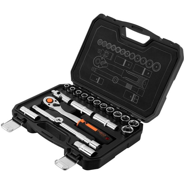 Neo Tools Набір інструментів, Набір торцевих головок, 20шт, 1/2", тріскачка 90 зубців, CrV, кейс, фото , изображение 4 | SNABZHENIE.com.ua Neo Tools Набір інструментів, Набір торцевих головок, 20шт, 1/2", тріскачка 90 зубців, CrV, кейс, фото , изображение 4 | SNABZHENIE.com.ua