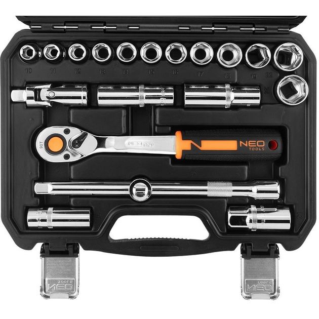 Neo Tools Набір інструментів, Набір торцевих головок, 20шт, 1/2", тріскачка 90 зубців, CrV, кейс, фото , изображение 3 | SNABZHENIE.com.ua Neo Tools Набір інструментів, Набір торцевих головок, 20шт, 1/2", тріскачка 90 зубців, CrV, кейс, фото , изображение 3 | SNABZHENIE.com.ua