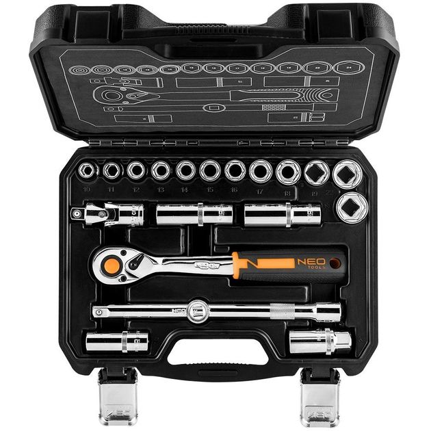 Neo Tools Набір інструментів, Набір торцевих головок, 20шт, 1/2", тріскачка 90 зубців, CrV, кейс, фото , изображение 2 | SNABZHENIE.com.ua Neo Tools Набір інструментів, Набір торцевих головок, 20шт, 1/2", тріскачка 90 зубців, CrV, кейс, фото , изображение 2 | SNABZHENIE.com.ua