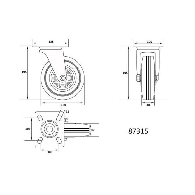 Колесо для тележки 160 мм, b = 40 мм VOREL з обертовою опорою; h = 195 мм, навантаження 130 кг (VO-87315), фото , зображення 4 | SNABZHENIE.com.ua