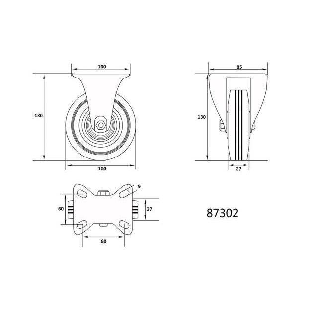 Колесо 100 мм для тележки VOREL, стационарная опора, 60 кг, фото , изображение 4 | SNABZHENIE.com.ua